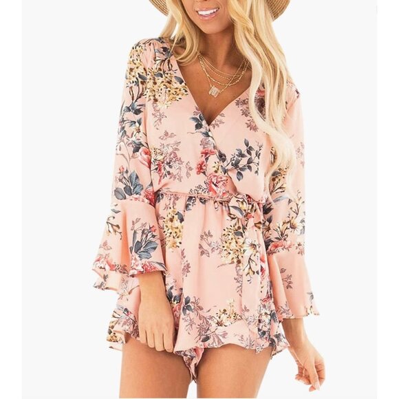 Pink Floral Rose Printed Chiffon Belted Ruffle Long Sleeve Romper Short Dress - Picture 1 of 6